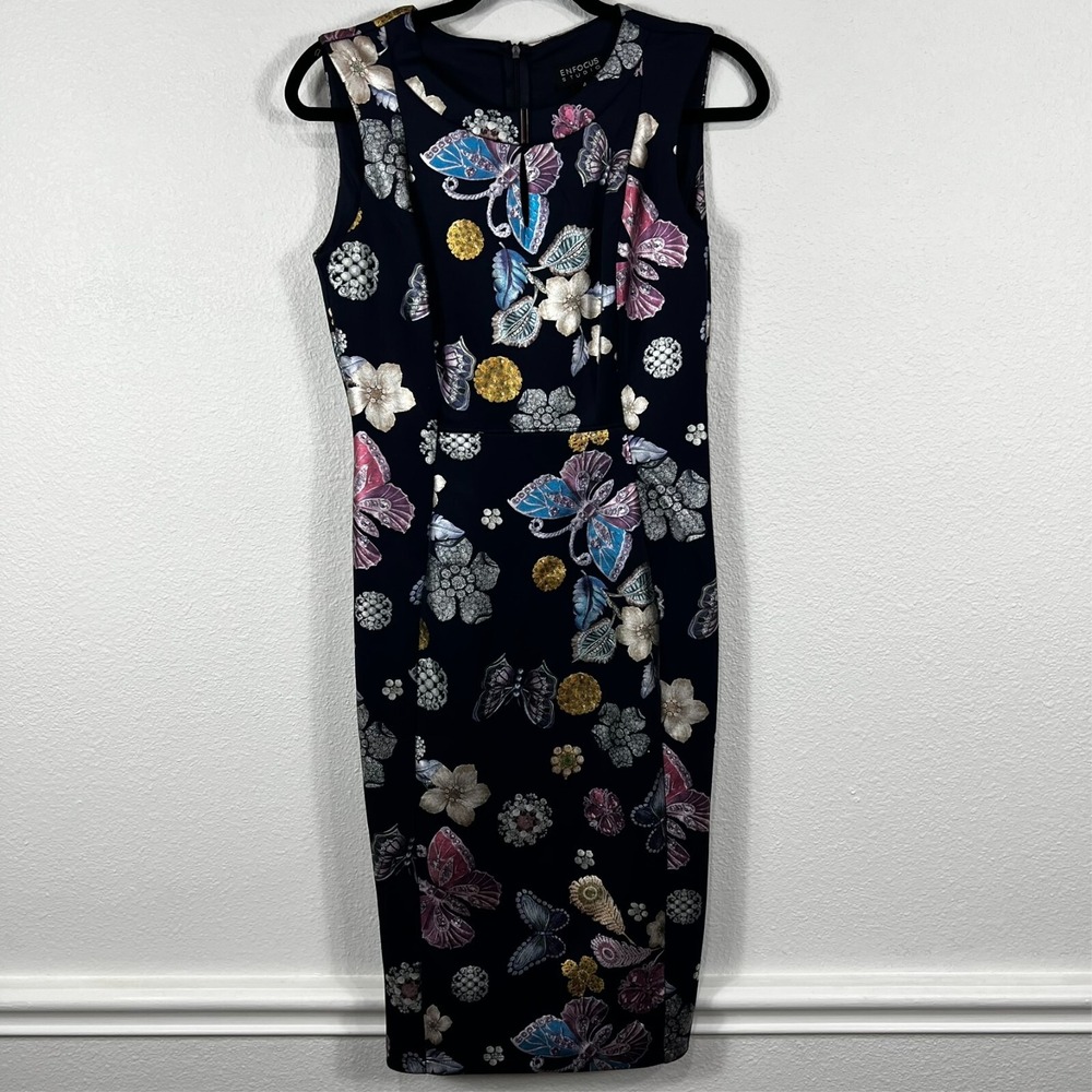 En Focus Studio Pencil Sheath Dress Navy Butterfly‎ Floral Print Women's 4